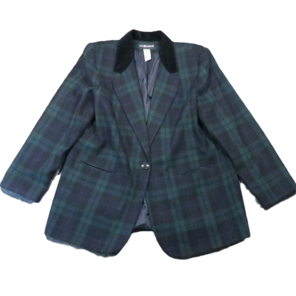 Sag Harbor Wool Blazer 16 Green Navy Tartan Plaid Velvet Collar Preppy Academia